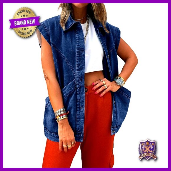 Jackets & Blazers - Oversized Denim Vest Sleeveless Button Down Utility Lapel Casual Vintage